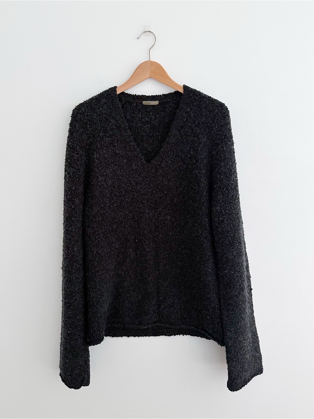 Vintage J. Crew Boucle V Neck Sweater Charcoal Black Fuzzy Textured Knit Size L